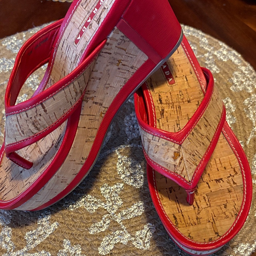 Prada Red and Cork Wedge Sandals
